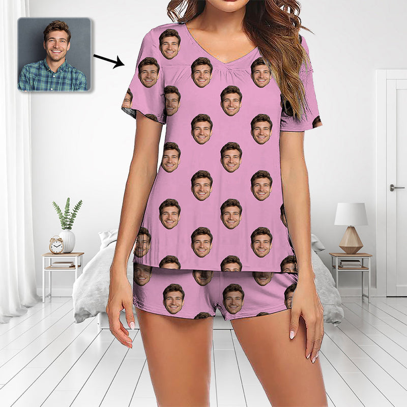 Custom Photo Pajamas Set Short Sleeve V-neck Pajama Women's Shorts Pajama Set Sleepwear Nightwear My Husband's Face