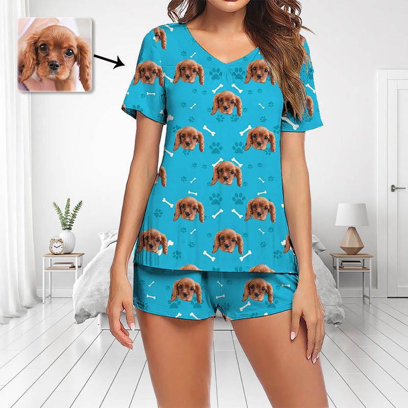 Custom Photo Pajamas Set Short Sleeve V-neck Pajama Women's Shorts Pajama Set Sleepwear Nightwear Heart My Loved's One Face