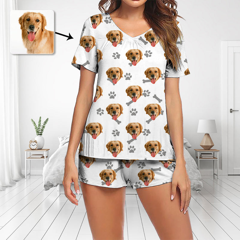 Custom Photo Pajamas Set Short Sleeve V-neck Pajama Women's Shorts Pajama Set Sleepwear Nightwear Dog Footprint With Bones