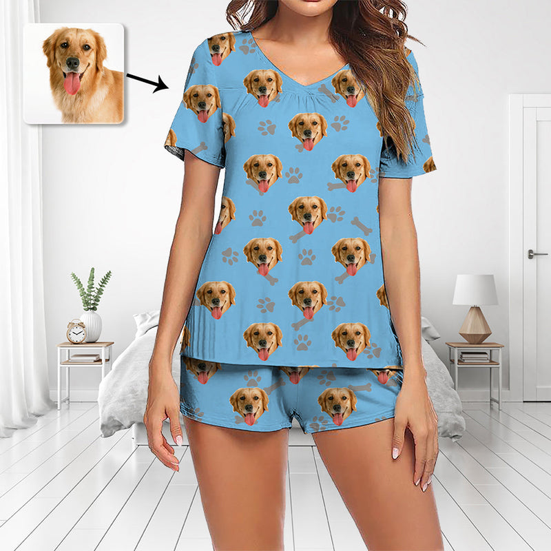 Custom Photo Pajamas Set Short Sleeve V-neck Pajama Women's Shorts Pajama Set Sleepwear Nightwear Dog Footprint With Bones