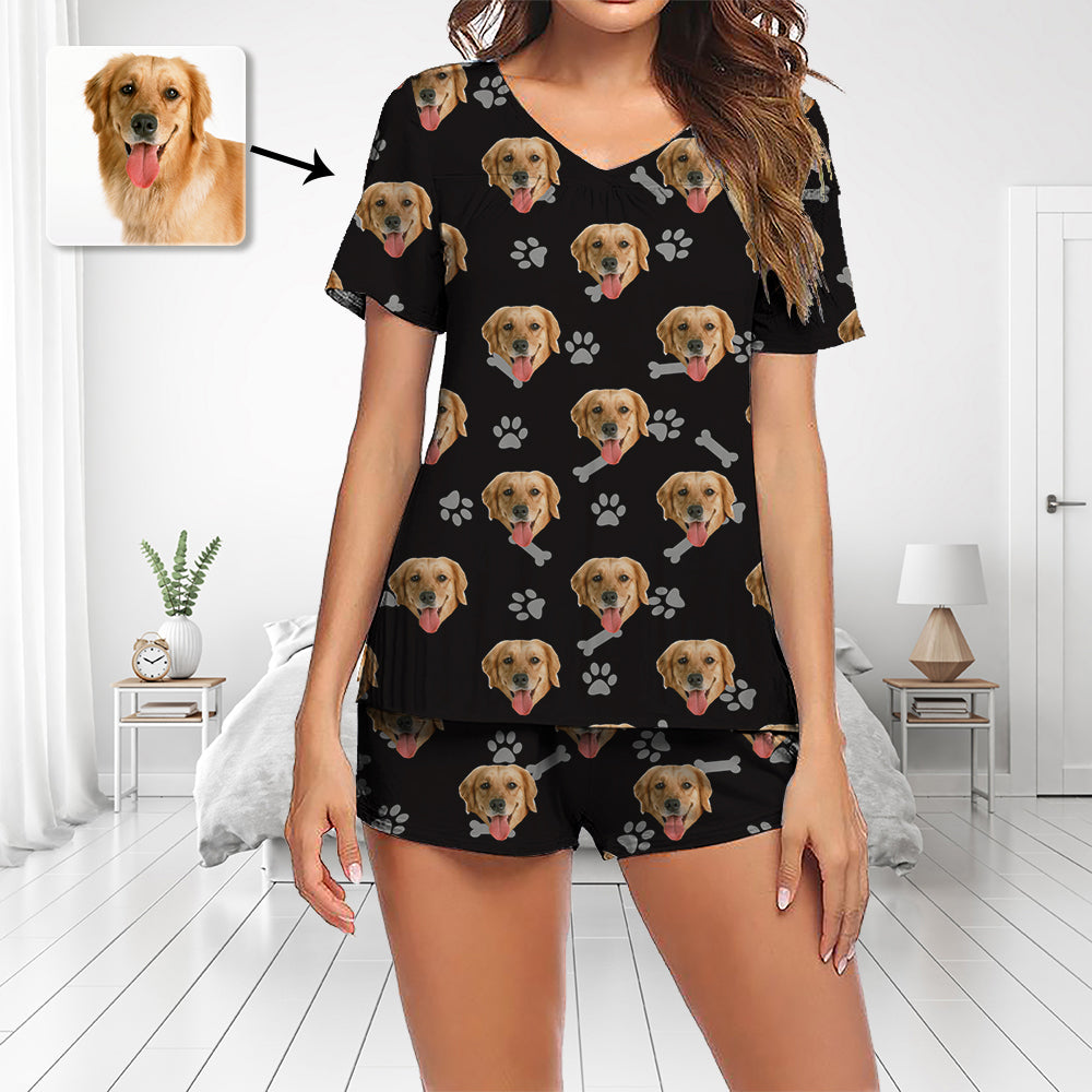 Custom Photo Pajamas Set Short Sleeve V-neck Pajama Women's Shorts Pajama Set Sleepwear Nightwear Dog Footprint With Bones