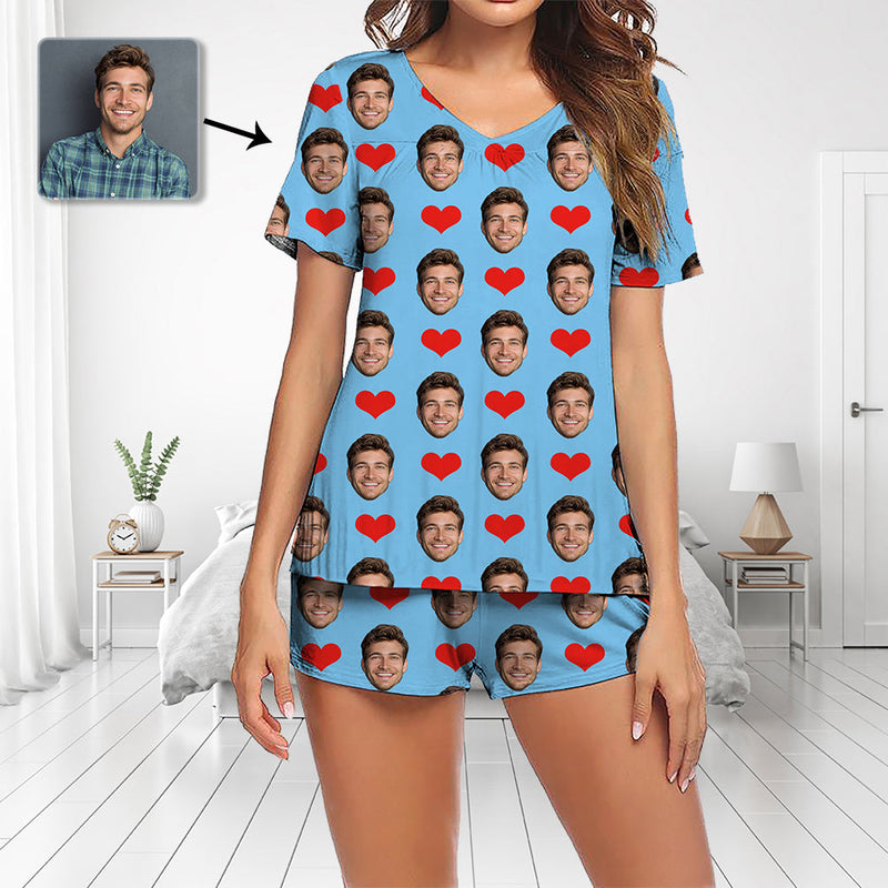 Custom Photo Pajamas Set Short Sleeve V-neck Pajama Women's Shorts Pajama Set Sleepwear Nightwear Heart Valentine's Day Gift With Faces