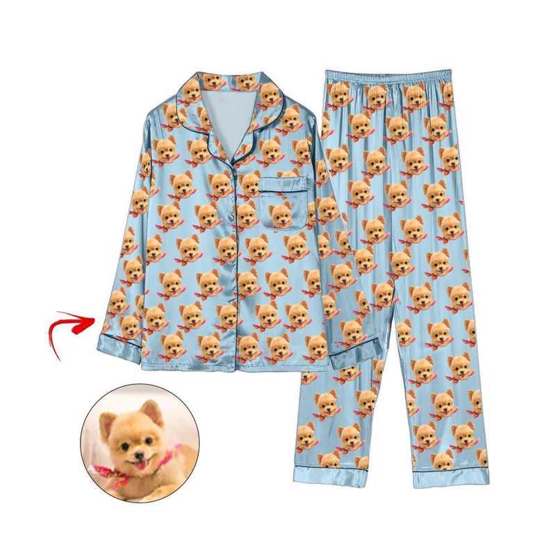 Custom Photo Satin Pajamas I Love My Dog Blue