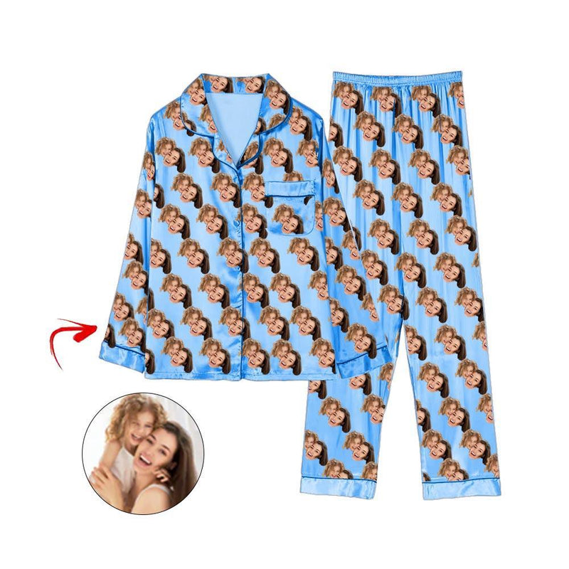 Custom Photo Satin Pajamas Happy Mother's Day Light Blue