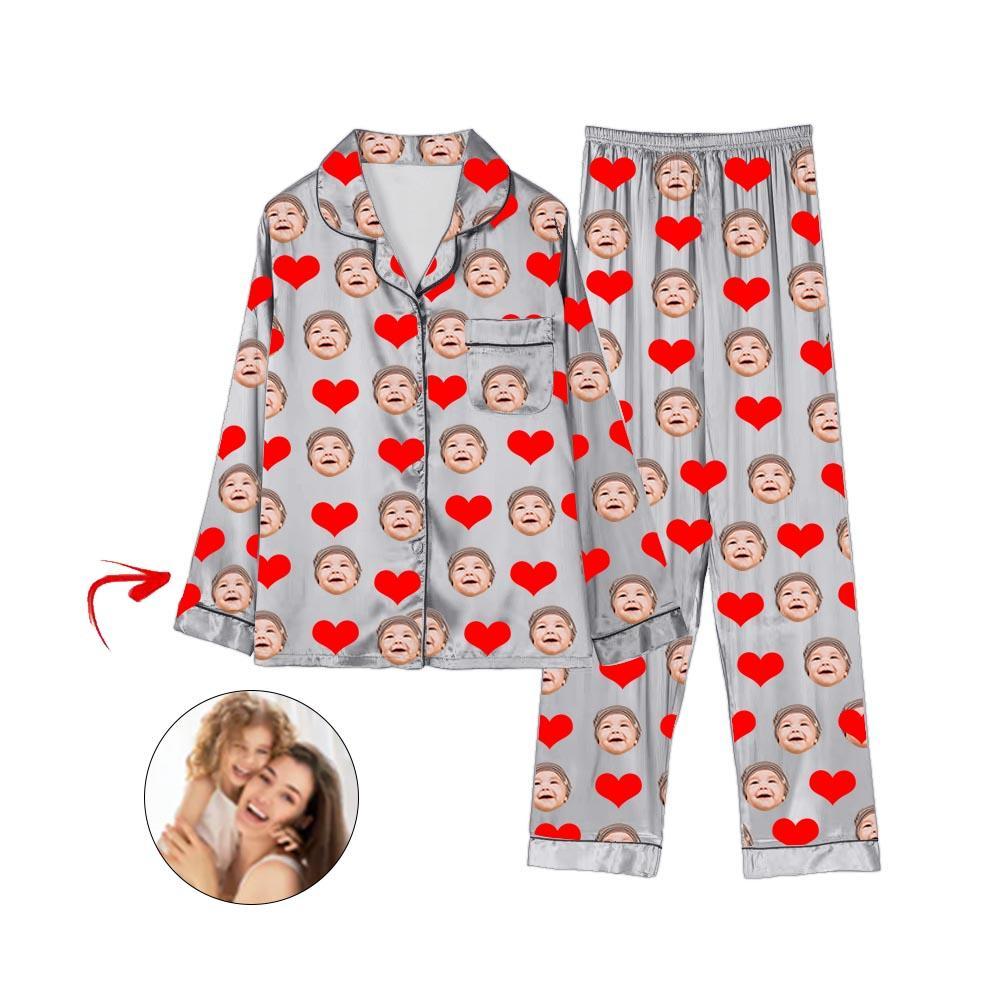 Custom Photo Satin Pajamas Heart I Love My Baby Grey