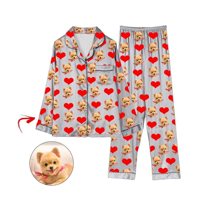 Custom Photo Satin Pajamas Heart I Love My Dog Pink