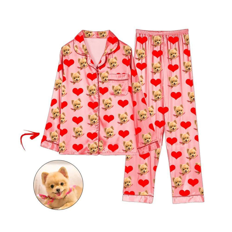 Custom Photo Satin Pajamas Heart I Love My Dog Grey