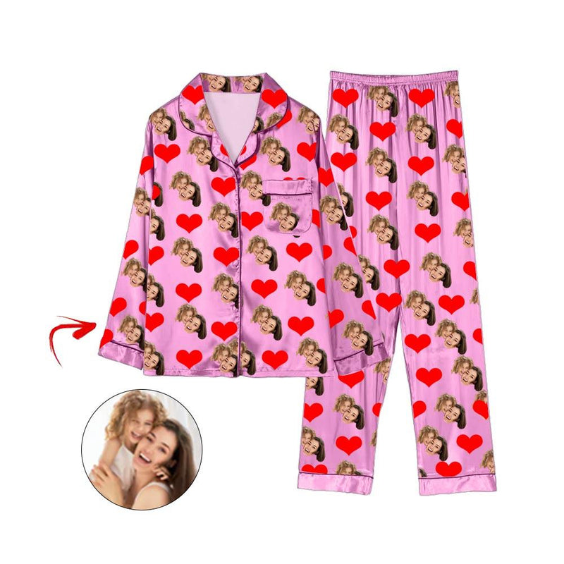 Custom Photo Satin Pajamas Heart Happy Mother's Day Blue