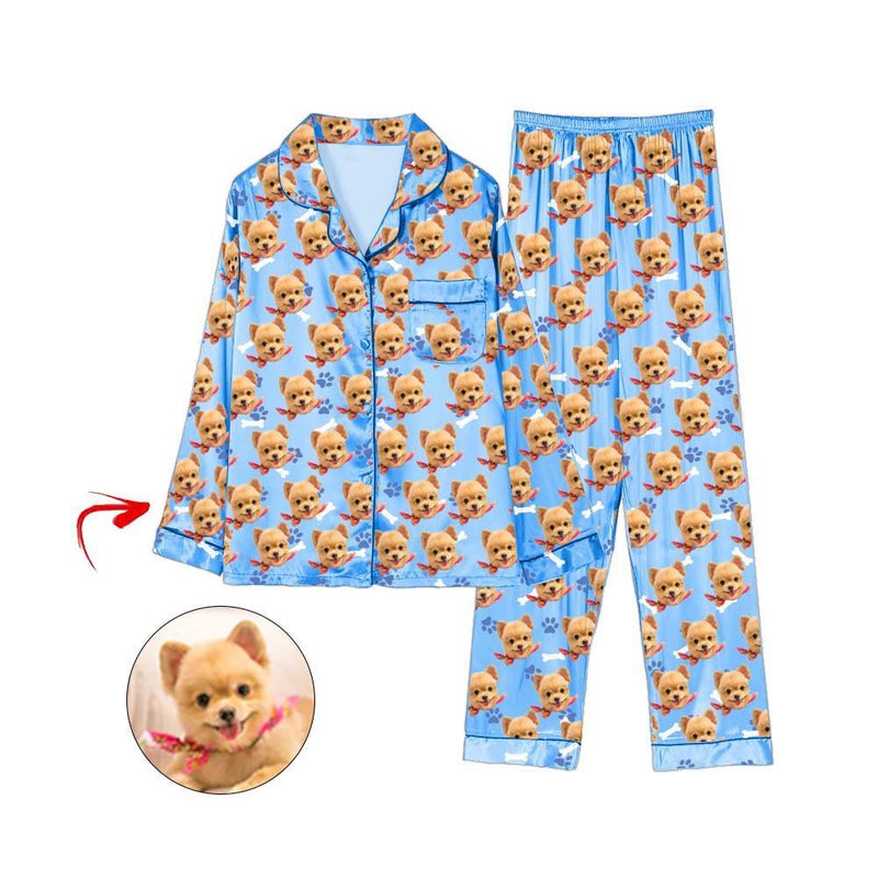 Custom Photo Satin Pajamas Dog Footprint Blue