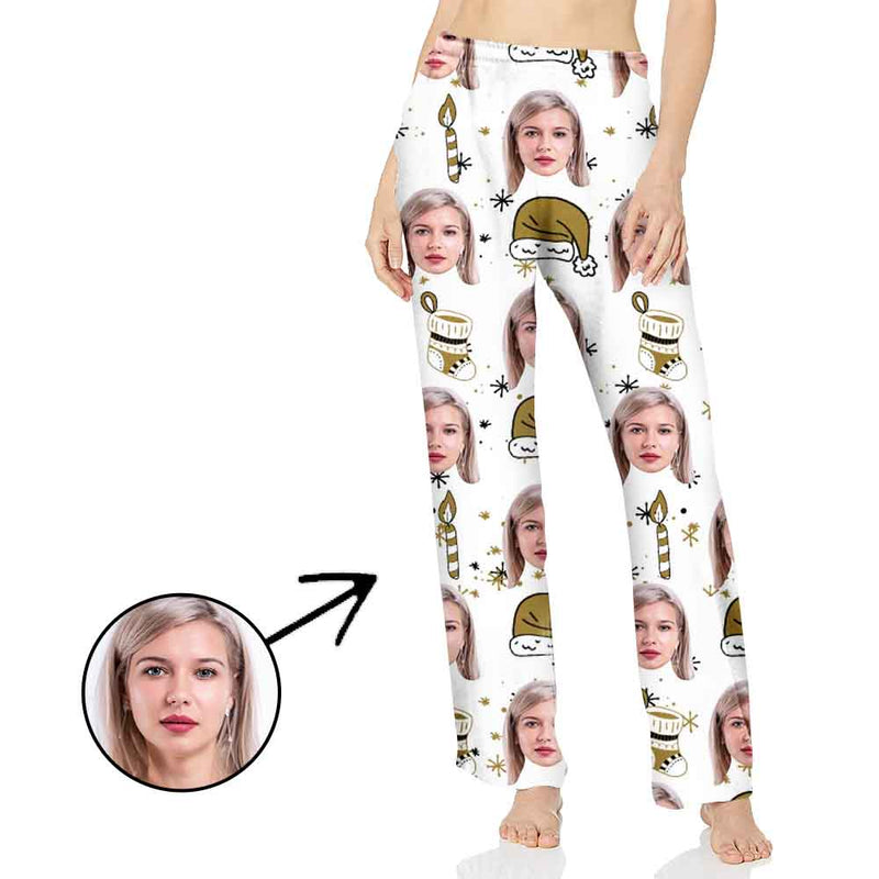 Custom Photo Pajamas Pants For Women Christmas Hat And Christmas Socks