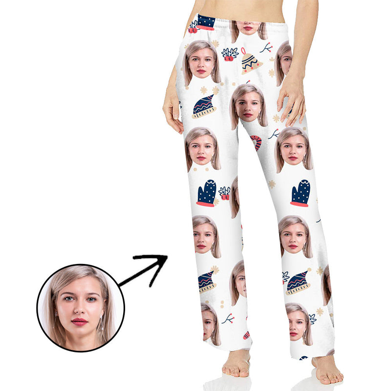 Custom Photo Pajamas Pants For Women Candy Cane And Christmas Bells