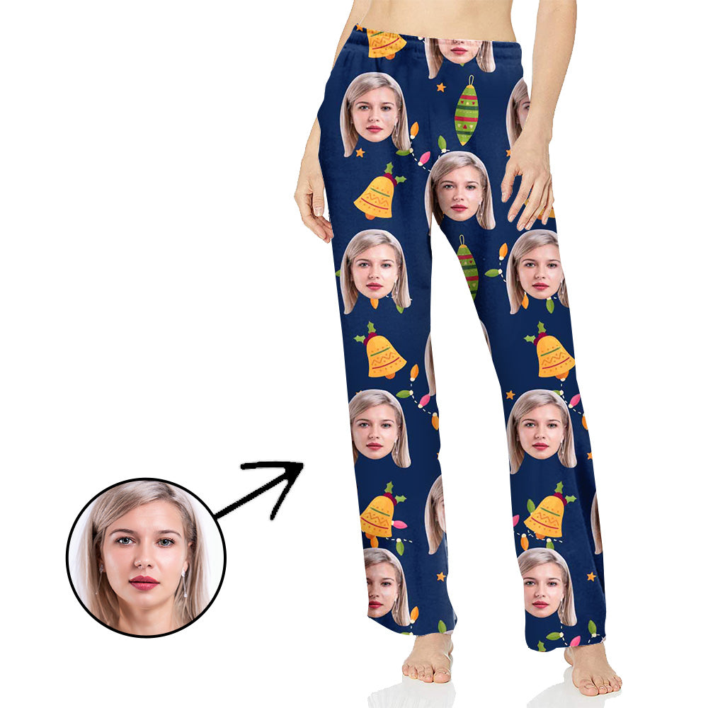 Custom Photo Pajamas Pants For Women Christmas Bells And Light