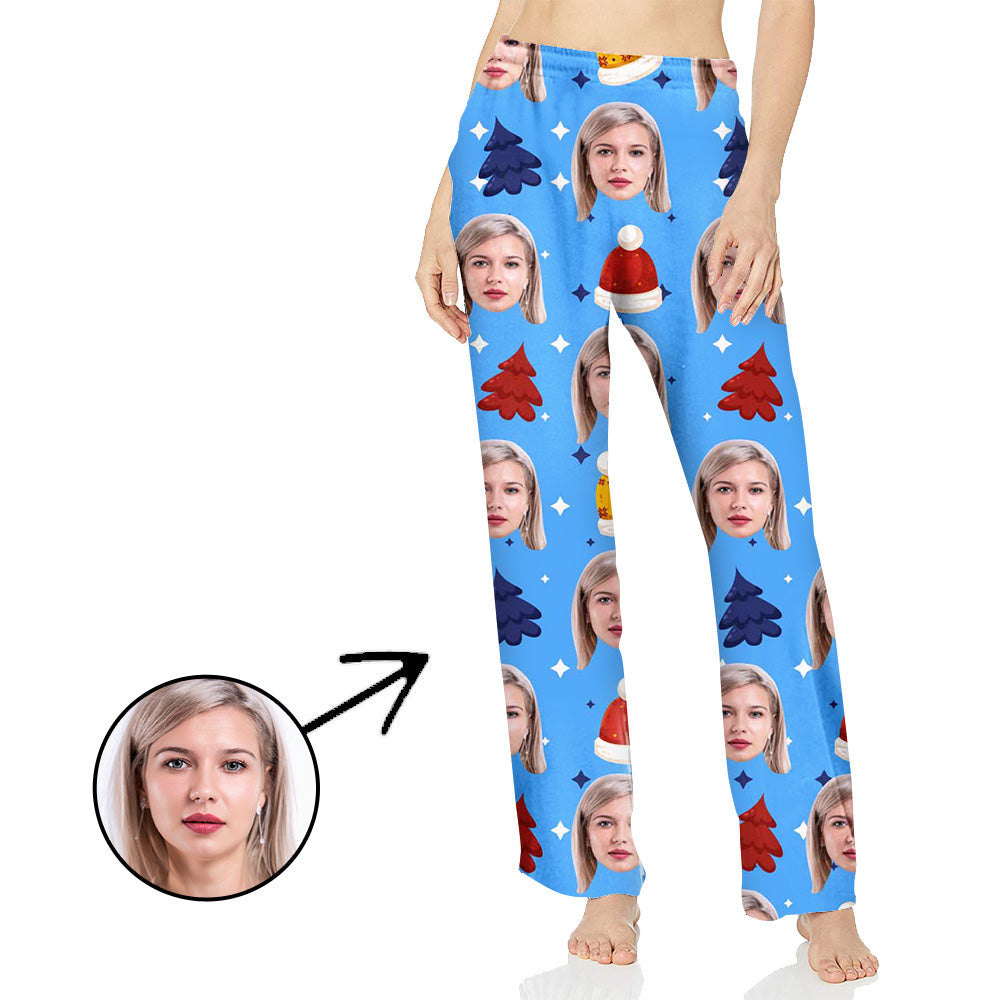 Custom Photo Pajamas Pants For Women Christmas Hat And Christmas Tree