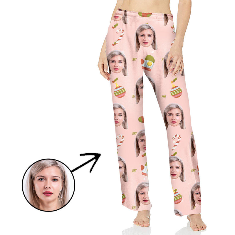 Custom Photo Pajamas Pants For Women With Christmas Candy Cane