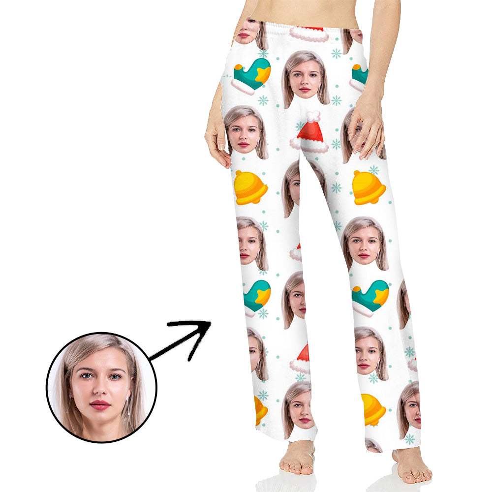 Custom Photo Pajamas Pants For Women Bell And Christmas Hat