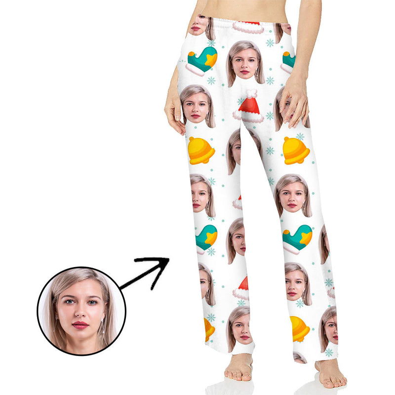 Custom Photo Pajamas Pants For Women Bell And Christmas Hat