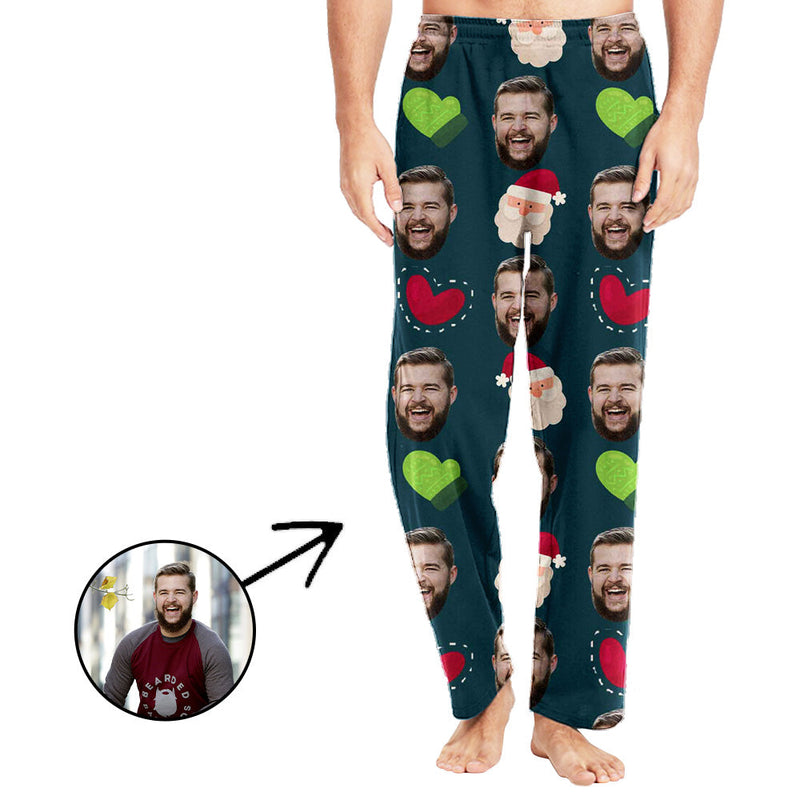 Custom Photo Pajamas Pants For Men Red And Green Heart