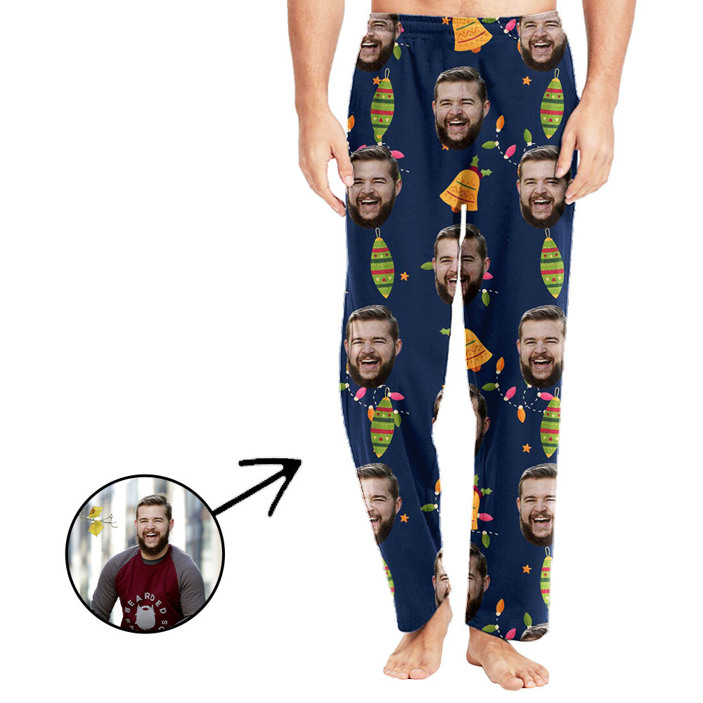 Custom Photo Pajamas Pants For Men Christmas Bells And Light