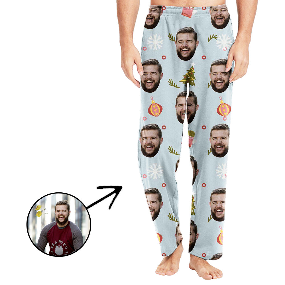 Custom Photo Pajamas Pants For Men With Christmas Pendant And Snowflake