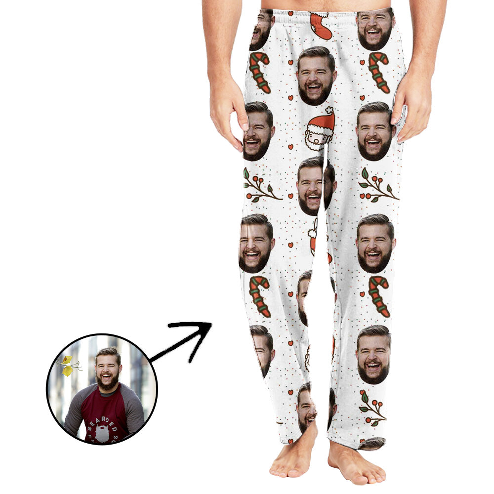 Custom Photo Pajamas Pants For Men Cute Santa And Candy Cane