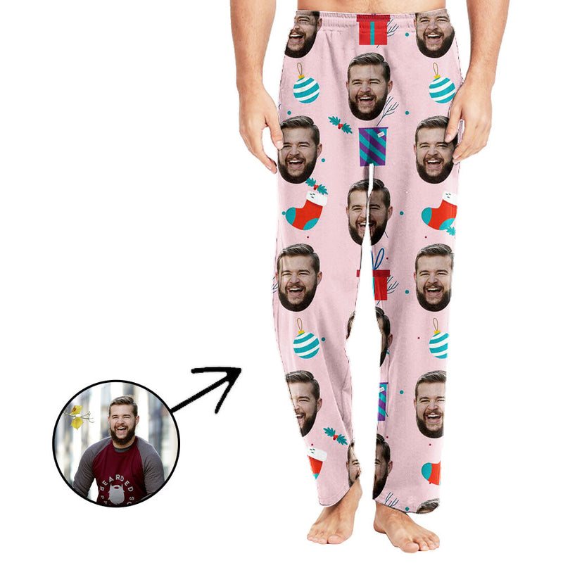 Custom Photo Pajamas Pants For Men Celebrate Christmas With Lights Pink