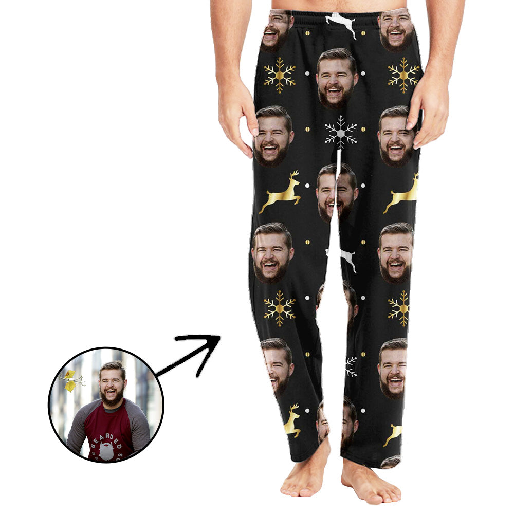 Custom Photo Pajamas Pants For Men Snowflake And Elf