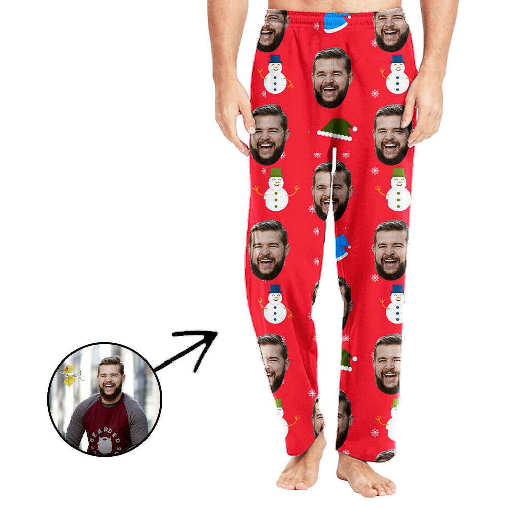 Custom Photo Pajamas Pants For Men Snowman And Christmas Hat