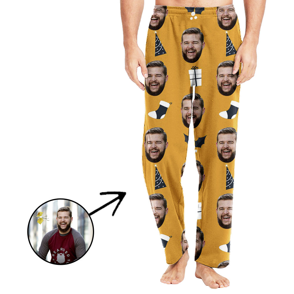 Custom Photo Pajamas Pants For Men Black Christmas Tree And Socks