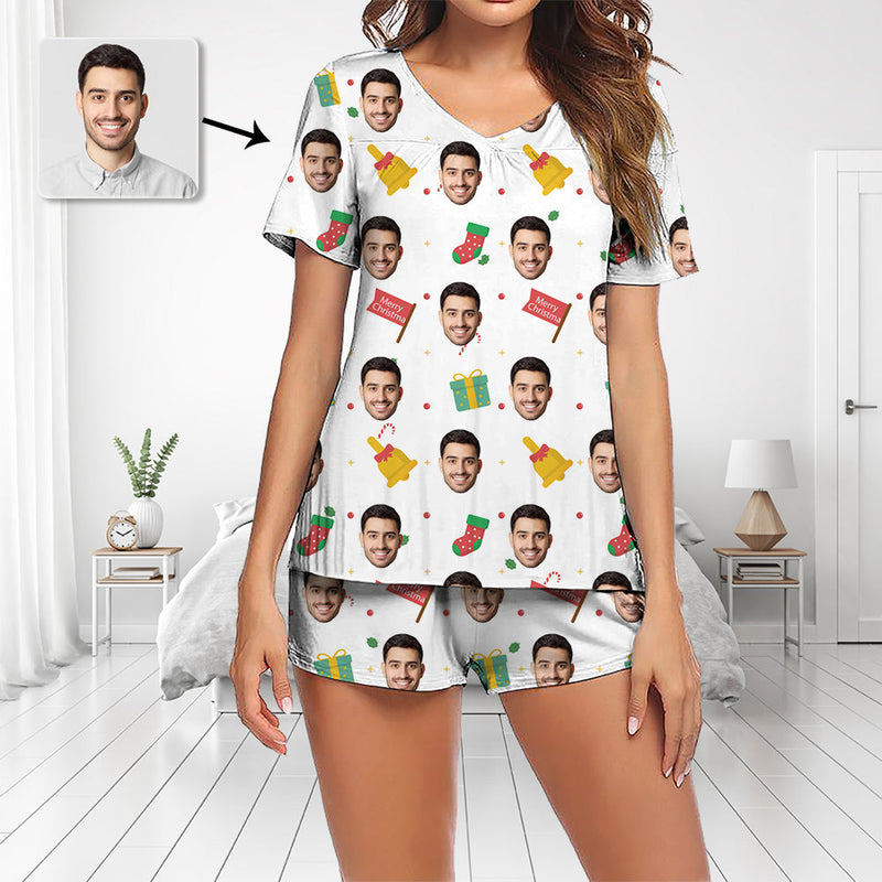 Custom Photo Pajamas Set Short Sleeve V-neck Pajama Women's Shorts Pajama Set Sleepwear Nightwear Merry Christmas And Gifts