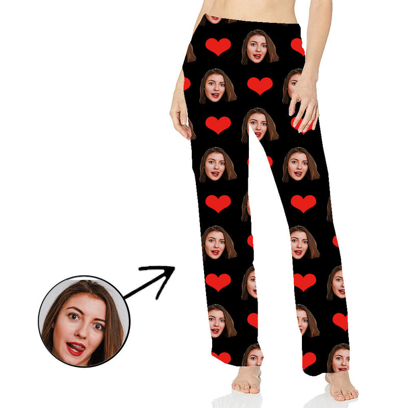 Custom Photo Pajamas Pants For Women Heart My Loved One's Face Long Sleeve