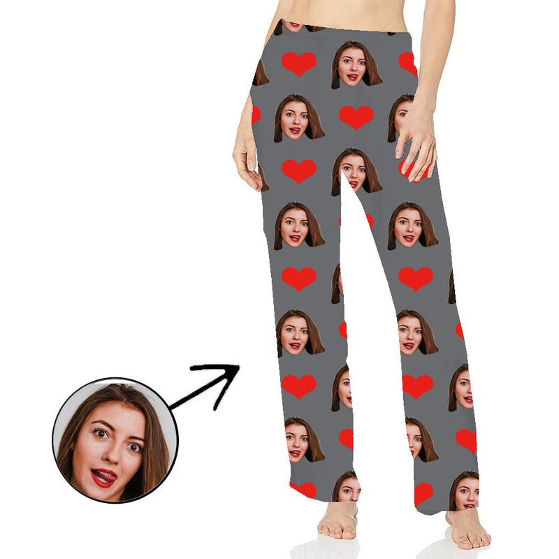 Custom Photo Pajamas Pants For Women Heart My Loved One's Face Long Sleeve